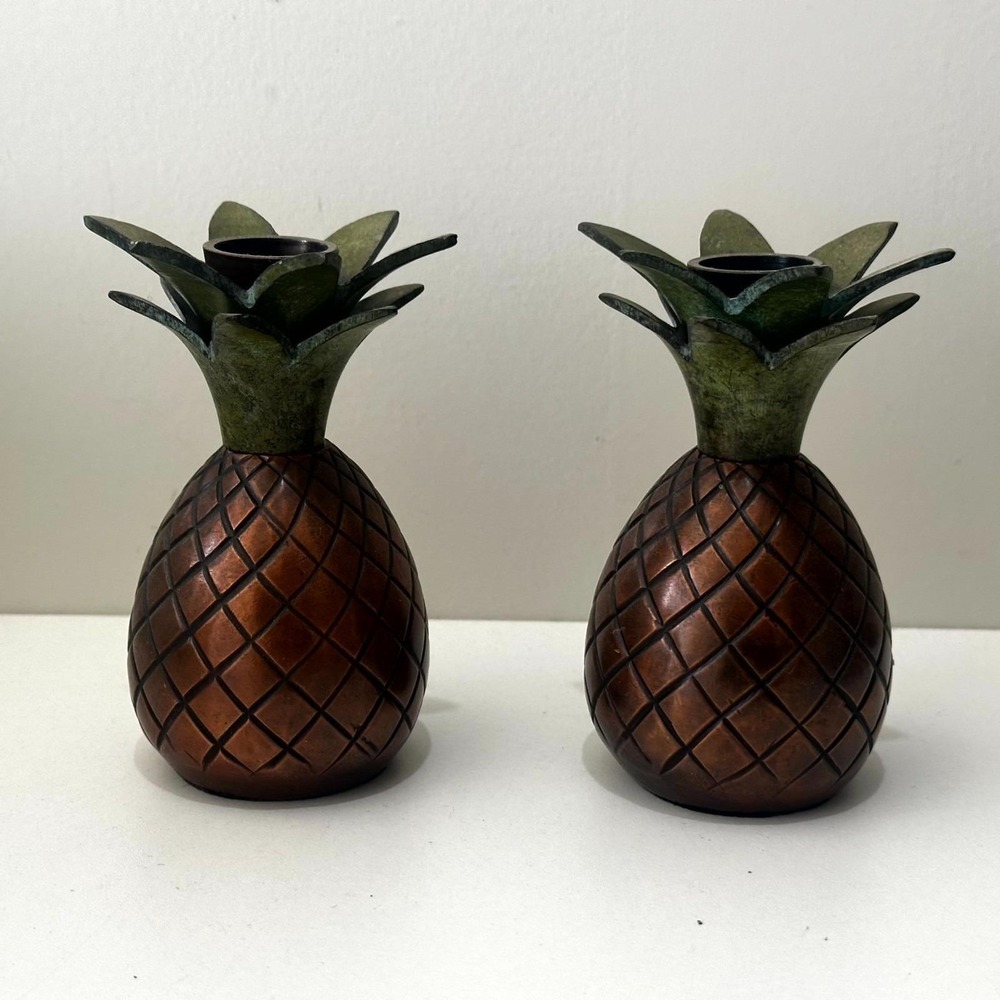 Set of 2 Copper Tone Metal Pineapple Taper Candleholders Verdigris Leaves